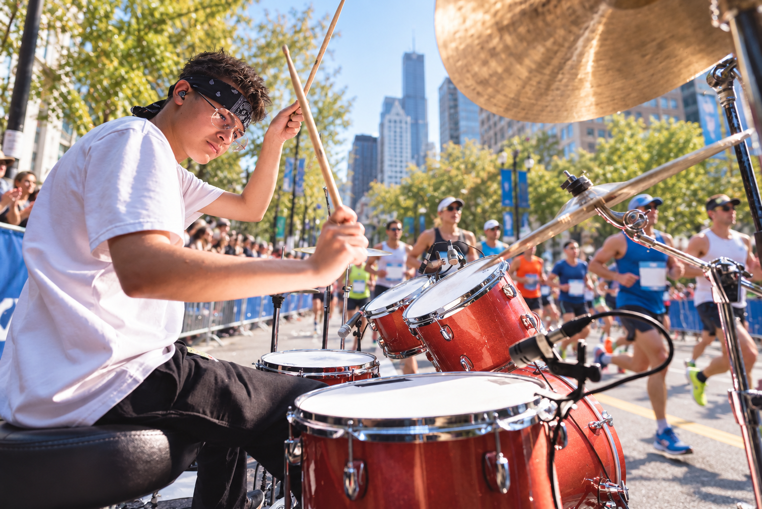 Mason Tucker drumming at the Chicago Marathon